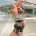 Trendy metallic bear keychain with cool visor and bell pendant for backpack charm - Silver Tone + Grey