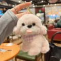 Cute pink plush puppy keychain with checkered scarf, fluffy animal bag charm for gift. - Pink