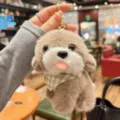 Cute puppy plush keychain with green plaid scarf, soft toy bag charm for women and girls. - Coffee
