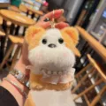 Niedlicher Plüschhund Schlüsselanhänger mit Perlenspitzenkragen, weicher Taschenanhänger. - Orange