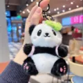 Cute plush panda keychain bag charm with green leaf hat fluffy toy pendant accessory - Green Leaf Panda (Chengdu)