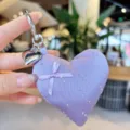Purple heart keychain bag charm with bow and rhinestones, cute pendant for phone and keys. - Purple