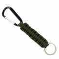 Close-up detail view of army green paracord keychain with black metal carabiner and ring. - Army Green