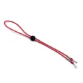 Close-up of red elastic mask lanyard with adjustable buckle and metal hooks for daily use. - Red