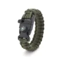 Closeup of the tactical survival paracord bracelet showing integrated compass and whistle. - Army Green