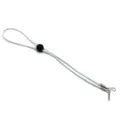 Detailed view of the elastic mask lanyard featuring a black adjustable toggle and metal hooks. - White