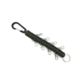 Detailed view of military green paracord keychain with multiple lobster clasps and carabiner. - Army Green