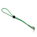 Detail view of green elastic mask strap with adjustable buckle and metal hooks for secure hold. - Green