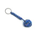 Paracord keychain detail showing blue camo woven monkey fist ball and sturdy metal ring. - Blue Camo