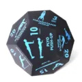 Vista detallada del dado de fitness negro con instrucciones de ejercicio claras y repeticiones. - 10cm / Azul
