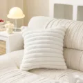 Cozy white plush throw pillow cover, soft textured sofa cushion for living room decor. - White Striped Bunny Plush Pillowcase (Cover Only) / 45x45cm