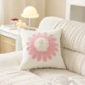 Close-up detail of the decorative pink flower cushion cover on a cozy living room sofa. - Pink Leaf New Sunflower Case (Cover Only) / 45x45cm