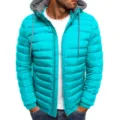 Piumino con cappuccio turchese acceso da uomo con fodera grigia e chiusura a zip. - Blu lago