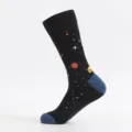Black crew socks for men featuring cool space planet and star patterns with blue heel toe. - Plus Size (Size 41-48) / Space
