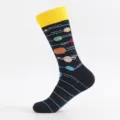 Men's space planet pattern crew socks, dark blue variant with yellow cuff and planet print. - Plus Size (Size 41-48) / Star