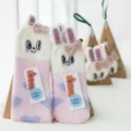 Fluffy bunny coral fleece floor socks with gift box, pink winter cute home sock variant. - Adult Size (36-43) (Bare Socks Without Box) / Pink Rabbit