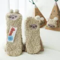 Fluffy coral fleece home floor socks with cute animal face and pom-pom warm winter gift box. - Antelope