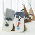 Plush winter warm floor socks cute puppy design coral fleece sleep socks with gift box - White Big Bear