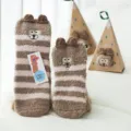 Plush coral fleece floor socks with cute animal ears, warm winter striped socks for home. - Bucktooth Rat