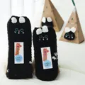 Cute black plush fuzzy floor socks with 3D white ears and embroidery, gift box set. - Black Cat
