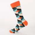 Men's geometric pattern long tube cotton winter socks with orange contrast heel and toe. - Plus Size (Size 41-48) / Orange