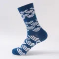 Men's cotton long crew socks in dark blue with white wave pattern, comfortable oversized fit. - Plus Size (Size 41-48) / White Cloud
