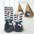 Fuzzy coral fleece winter home socks featuring cute 3d puppy design and striped pattern gift box. - Grey Wolf