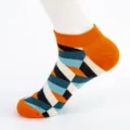 Men's colorful geometric pattern ankle socks, casual short cotton socks with orange trim. - Men's Large Size (Size 40-47) / Rectangle Combination 5#
