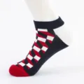 Men's geometric ankle socks in navy blue, red, and white color block pattern style. - Men's Large Size (Size 40-47) / Diamond Combination 1#
