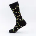 Men casual cotton socks with champagne bottle pattern, comfortable mid-calf daily wear black sock. - One Size (Size 40-47) / Champagne