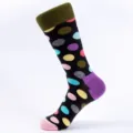 Colorful polka dot crew sock black with olive cuff and purple heel comfort cotton. - One Size (EU 41-47) / Color 1