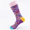 Colorful patterned men crew socks with pink cuff, yellow heel and blue toe for daily wear. - One Size (EU 41-47) / Color 1