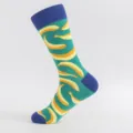 Men green novelty banana print long socks with blue contrast cuff heel toe for daily sports wear. - One Size / Green Banana