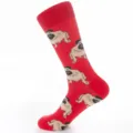 Men's red cotton crew socks featuring cute cartoon pug dog print, comfortable casual daily wear. - One Size / Red