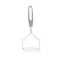 Stainless steel potato masher with ergonomic non-slip grey handle for kitchen cooking. - Gray