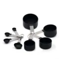 Stainless steel and black plastic measuring cups and spoons set, 8 pieces, baking tool. - Black Measuring Cup and Spoon 8-Piece Set / Black