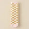 Yellow white checkered coral fleece socks with pink trim, cozy winter warm mid-calf sock. - One Size / Yellow White Pink Patchwork