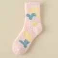 Pink coral fleece fuzzy socks with cute tulip pattern, warm mid tube home sleeping winter socks - One Size / Color 5