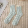 Light green fluffy coral fleece socks with white ruffled cuffs, cozy winter sleep socks. - One Size / Light Green