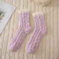 Winter thick cable knit coral fleece mid-tube socks, soft warm plush sleep socks. - One Size / Light Purple