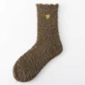 Women brown coral fleece winter warm mid-calf socks with cute yellow heart embroidery. - One Size (EU 36-41) / Army Green