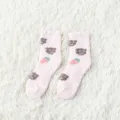 Pink fuzzy winter warm sleep socks with cute bear and strawberry pattern, cozy plush. - One Size / 9# Pink Bear