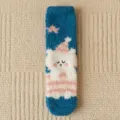 Thick plush coral fleece winter sleep socks in blue with cute cartoon animal design SKU. - One Size / Color 6