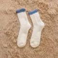 Cozy women's white coral fleece mid-calf winter socks with blue cuff, thick warm sleep socks. - One Size / Cream