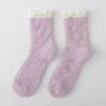 Purple fluffy coral fleece mid-tube socks with white ruffled cuffs for cozy winter wear. - Color 7