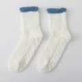 Winter warm white fuzzy coral fleece socks with blue cuffs and slip-resistant soles. - One Size / Milk White