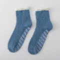 Winter blue fuzzy coral fleece anti-slip mid-tube socks with soft white plush trim. - One Size / Denim Blue