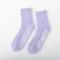 Light purple fluffy coral fleece socks with anti-slip grip sole, warm winter cozy mid tube socks. - One Size / Medium Purple