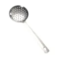 Stainless steel slotted kitchen skimmer detail, professional cooking utensil view. - Skimmer