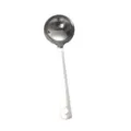 Close-up of stainless steel soup ladle detail showing smooth polished surface and handle hole. - Soup Spoon